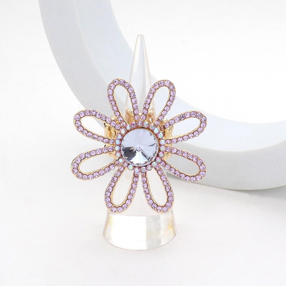 Purple Stretch Rhinestone Crystal Flower Fashion Ring Finger Adjustable